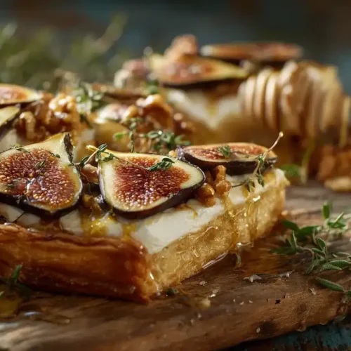 Feigentarte mit Ziegenkäse, Walnuss und Thymian frisch gebacken auf rustikalem Holztisch