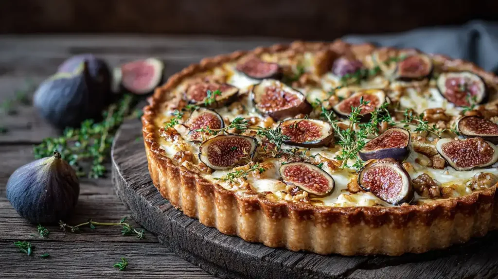 Zutaten für Feigentarte mit Ziegenkäse, frische Feigen, Walnüsse und Thymian auf Küchenbrett