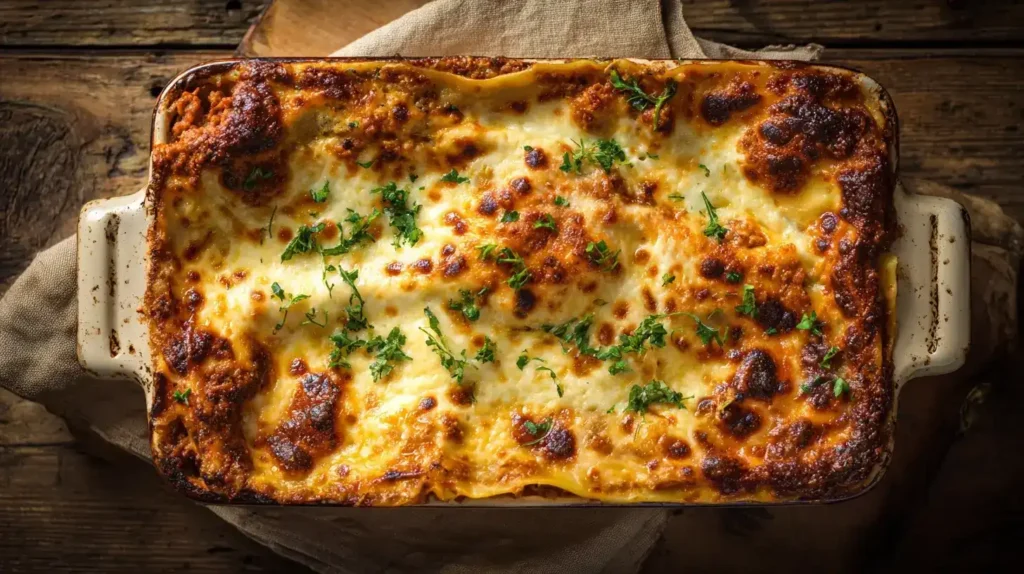 Klassische Lasagne – Einfach & Lecker Goldbraune klassische Lasagne mit geschmolzenem Parmesan in Auflaufform serviert