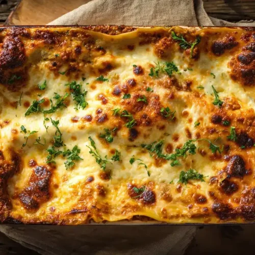 Goldbraune klassische Lasagne mit geschmolzenem Parmesan in Auflaufform serviert