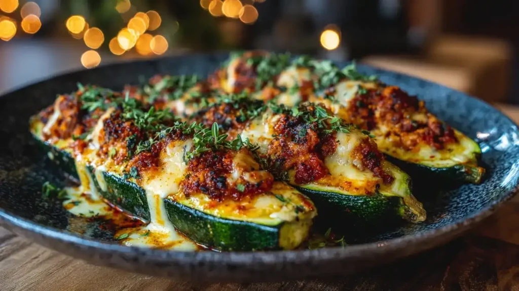 Servierte gefüllte Zucchini mit Hackfleisch, Crème Fraîche und geschmolzenem Käse auf Teller