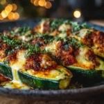 Servierte gefüllte Zucchini mit Hackfleisch, Crème Fraîche und geschmolzenem Käse auf Teller