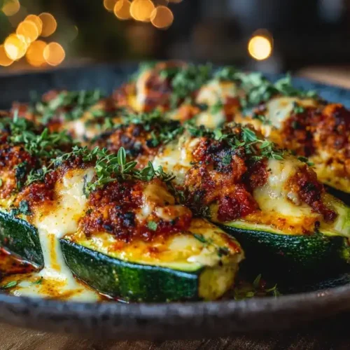 Servierte gefüllte Zucchini mit Hackfleisch, Crème Fraîche und geschmolzenem Käse auf Teller