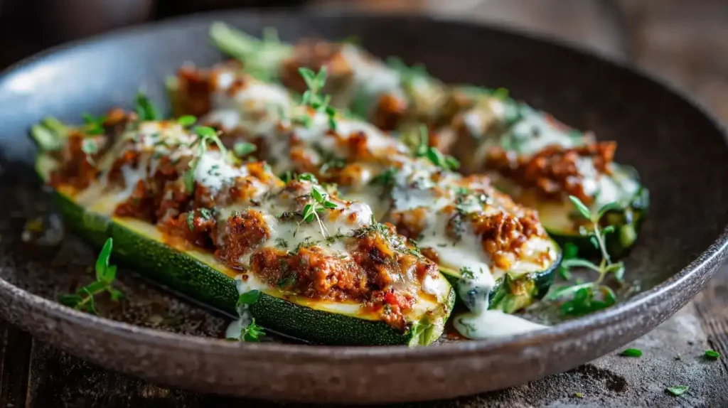 Ofenfrisch gebackene gefüllte Zucchini mit Hackfleisch, Käse und Tomatensauce