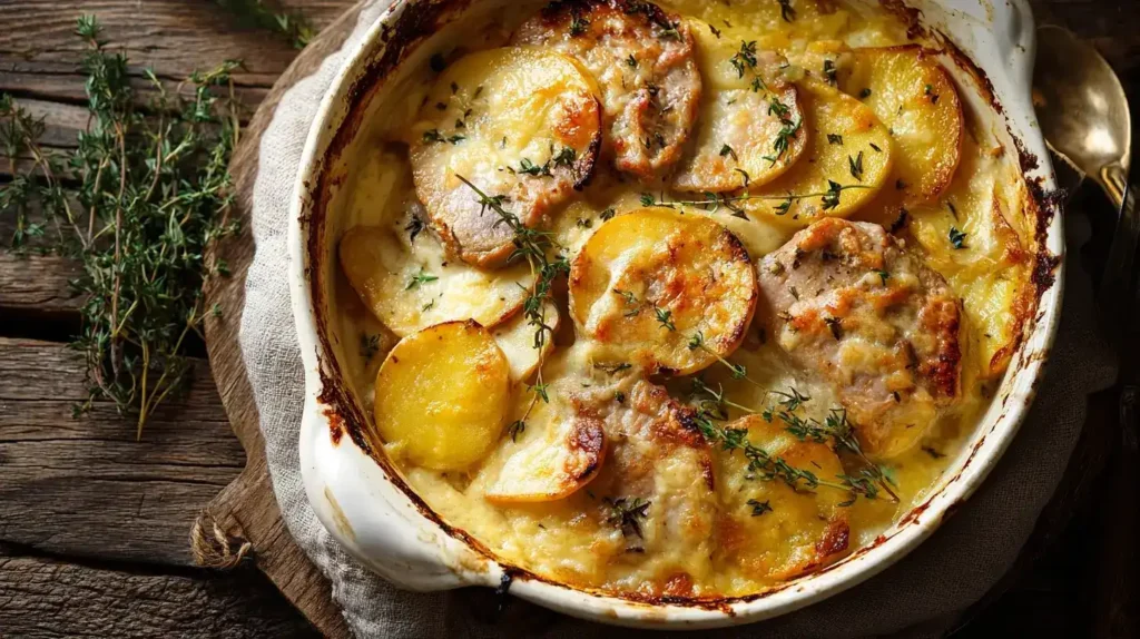 Gratinierter Schweinefilet-Apfel-Auflauf mit Currysahne Gratinierter Schweinefilet-Apfel-Auflauf mit Currysahne im Ofen goldbraun überbacken