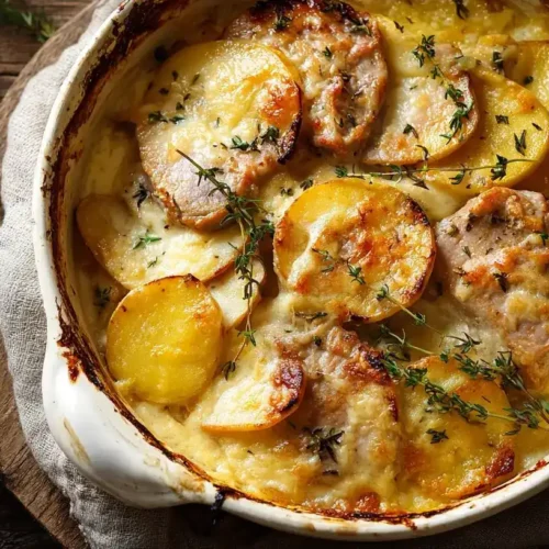 Gratinierter Schweinefilet-Apfel-Auflauf mit Currysahne im Ofen goldbraun überbacken