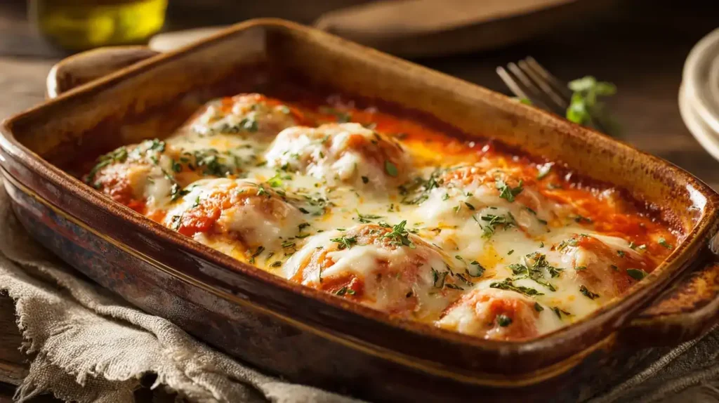Hackbällchen Toskana frisch aus der Auflaufform mit geschmolzenem Mozzarella