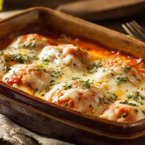 Hackbällchen Toskana frisch aus der Auflaufform mit geschmolzenem Mozzarella