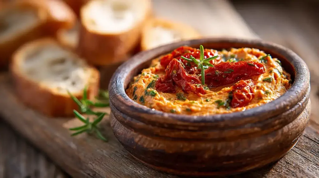 Hausgemachte Tomatenbutter auf frischem Baguette, mediterran angerichtet.