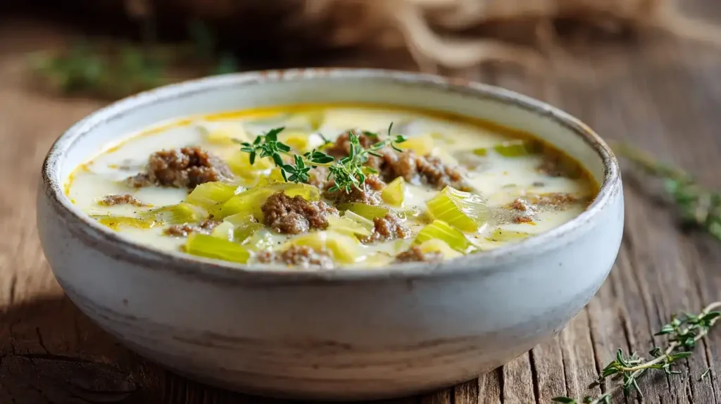 Käse-Lauch-Suppe mit Hackfleisch cremig und heiß serviert in Schale