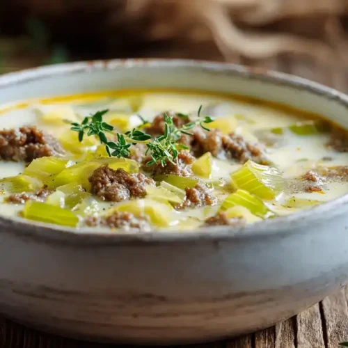 Käse-Lauch-Suppe mit Hackfleisch cremig und heiß serviert in Schale