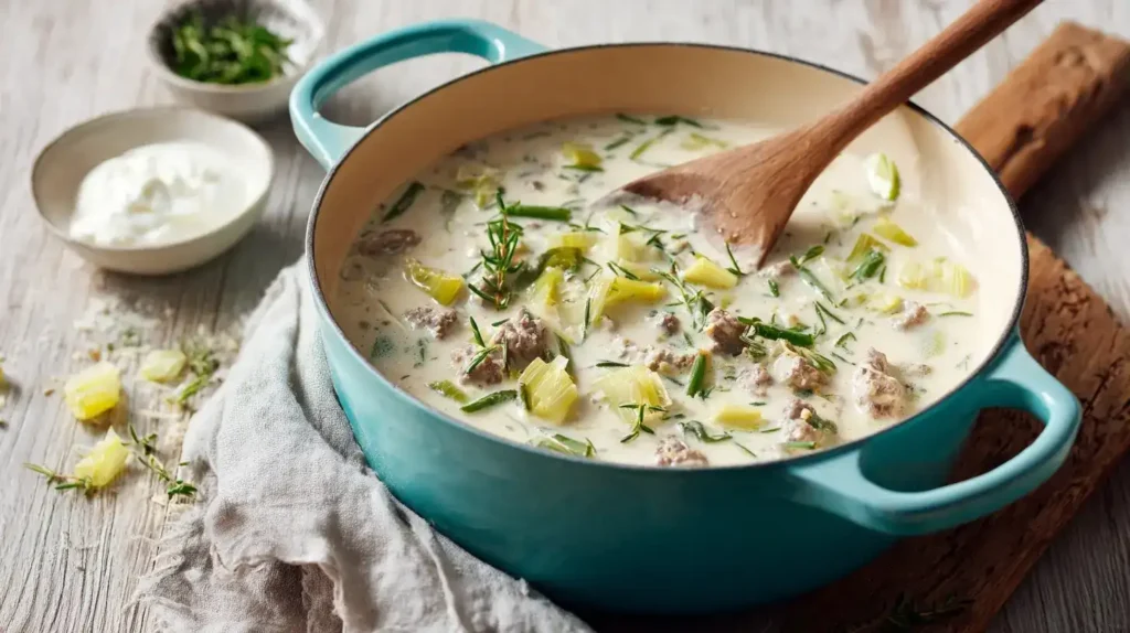 Käse-Lauch-Suppe mit Hackfleisch mit frischem Käse und Thymian garniert