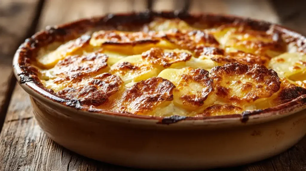 Kartoffelgratin einfach klassisch cremig goldbraun in Auflaufform