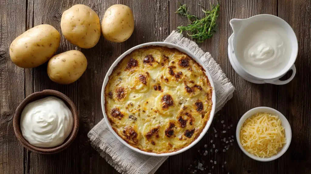 Kartoffelgratin mit Sahne, Kartoffeln und Käse als Zutaten rund um das fertige Gericht