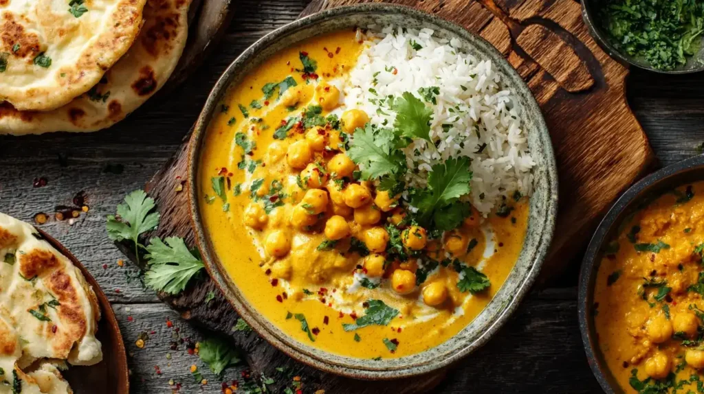 Kichererbsen-Curry – einfach und schnell Cremiges Kichererbsen-Curry mit Kokosmilch und Reis serviert