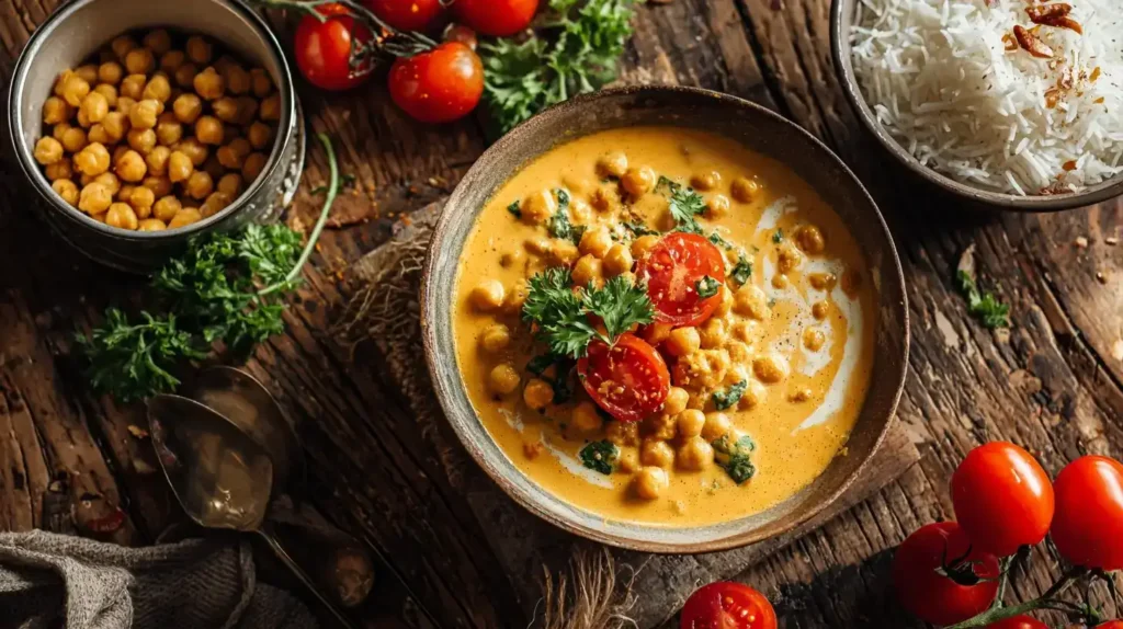 Kichererbsen-Curry in Schale, umgeben von frischen Zutaten wie Tomaten, Kichererbsen und Koriander
