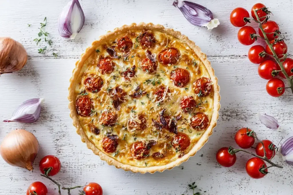Kirschtomaten-Tarte mit karamellisierten Zwiebeln frisch gebacken auf Blätterteig