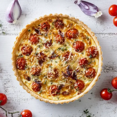 Kirschtomaten-Tarte mit karamellisierten Zwiebeln frisch gebacken auf Blätterteig