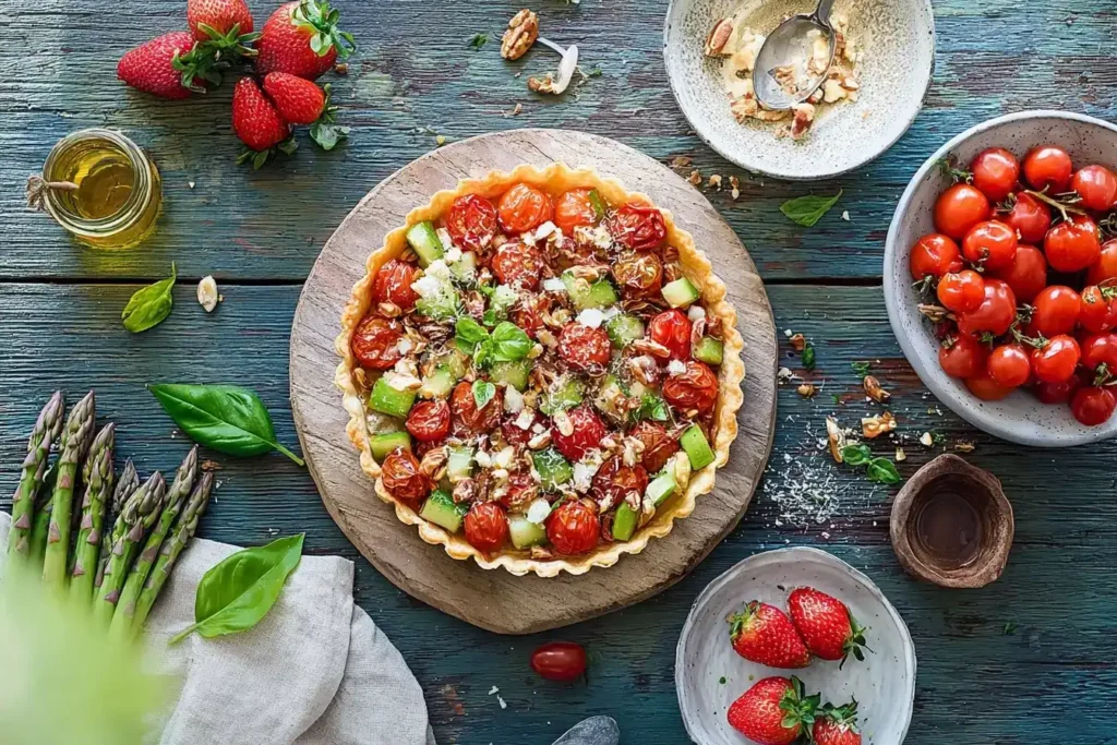 Kirschtomaten-Tarte Rezept mit bunten Tomaten und Basilikum serviert