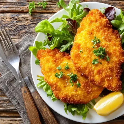 Knusprige Kürbisschnitzel auf Teller mit frischem Salat