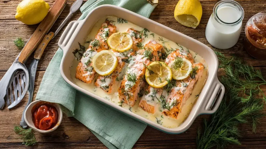 Lachsfilet, Sahne, Dill und Tomatenmark für Lachs-Sahne-Gratin