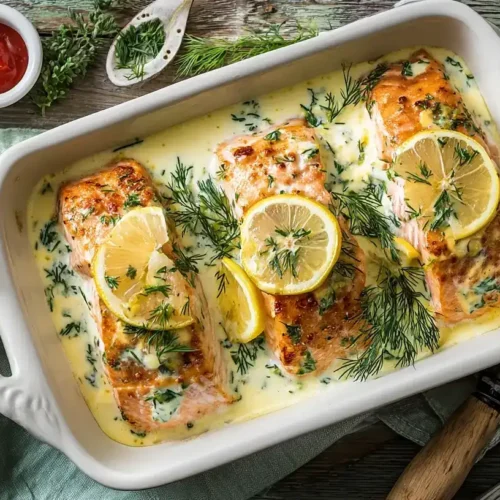Lachs-Sahne-Gratin frisch aus dem Ofen, cremige Sahne-Dill-Soße, goldbraune Oberfläche