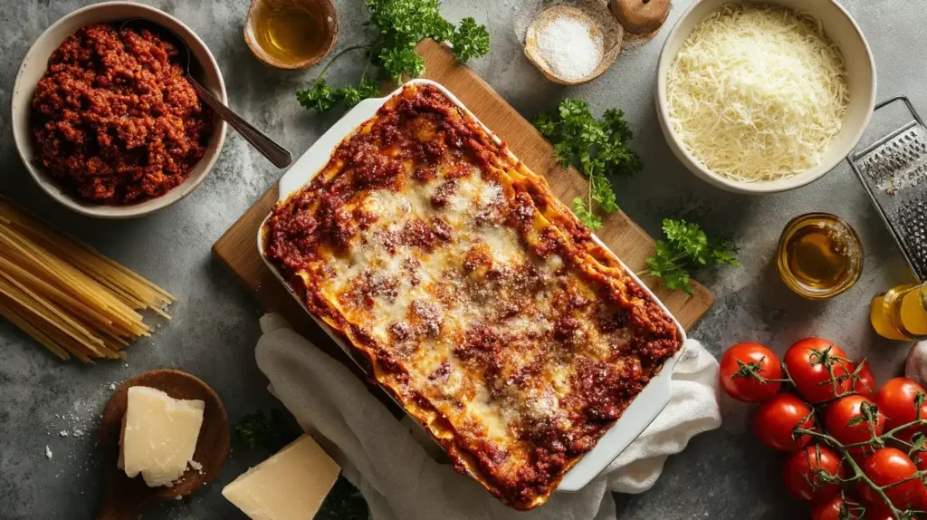 Klassische Lasagne in der Mitte, umgeben von Hackfleisch, passierten Tomaten und Parmesan