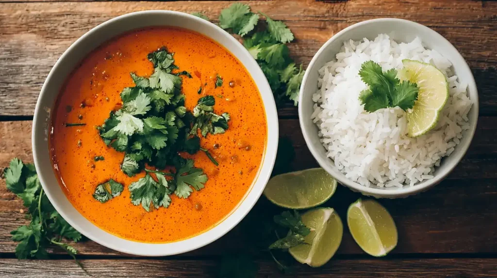 Cremiges Linsencurry mit Kokosmilch und roten Linsen in Schüssel mit Reis serviert