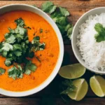 Cremiges Linsencurry mit Kokosmilch und roten Linsen in Schüssel mit Reis serviert