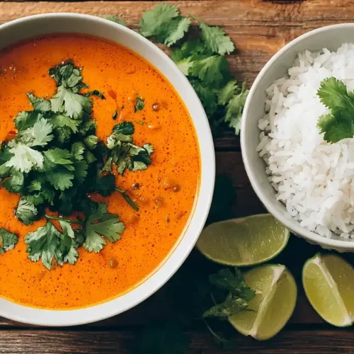 Cremiges Linsencurry mit Kokosmilch und roten Linsen in Schüssel mit Reis serviert