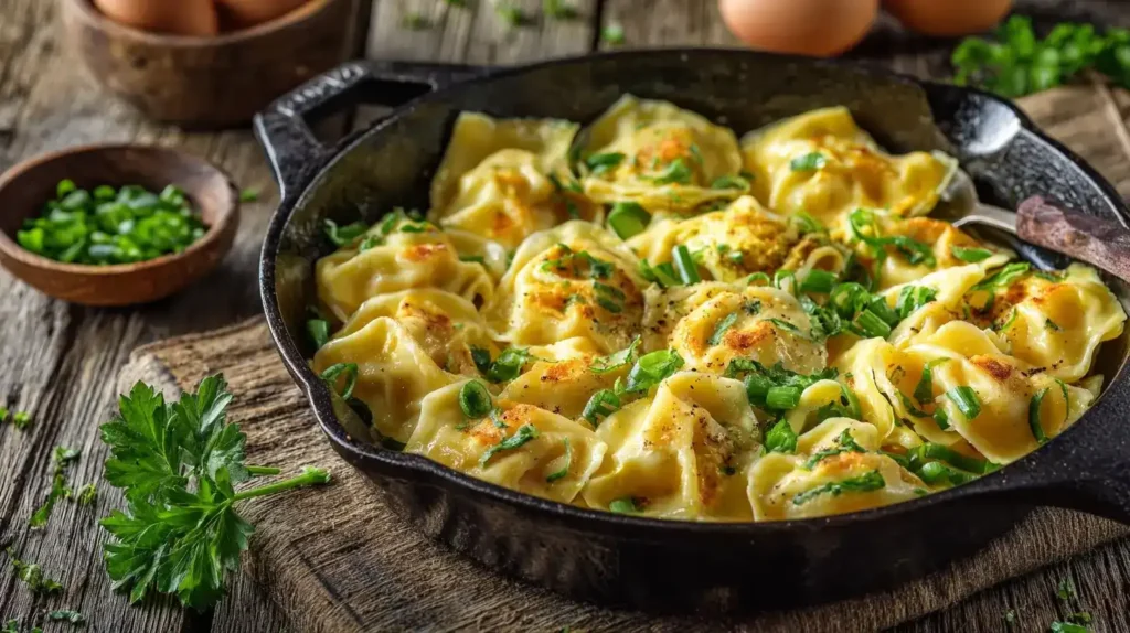 Nahaufnahme einer goldbraun gebratenen Maultaschen-Pfanne mit Kräutern