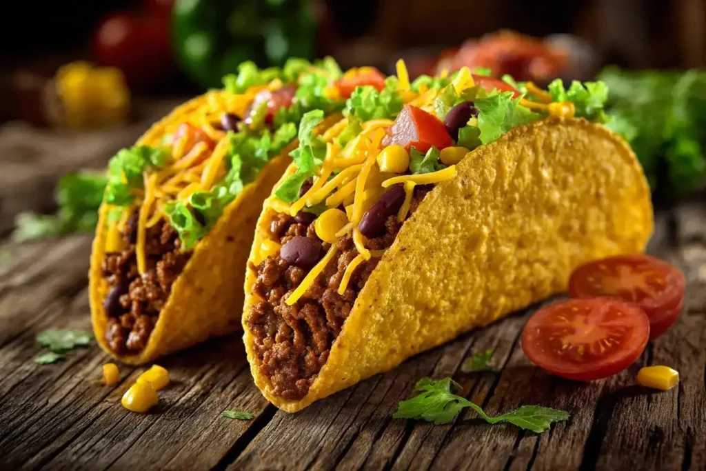 Mexikanische Tacos mit Hackfleisch, Käse und frischem Gemüse serviert auf einem rustikalen Holztisch