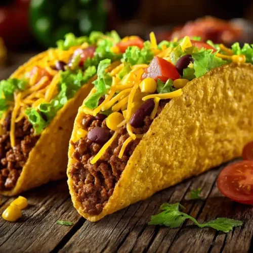 Mexikanische Tacos mit Hackfleisch, Käse und frischem Gemüse serviert auf einem rustikalen Holztisch