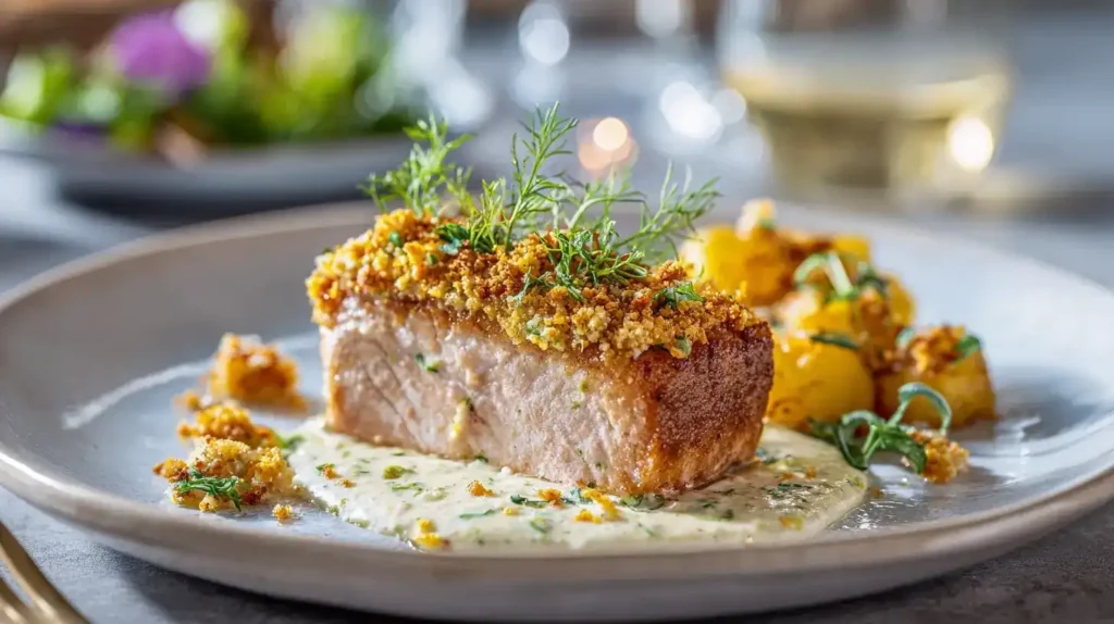 Nahaufnahme von saftigem Ofen-Lachsfilet mit cremigem Sahnemeerrettich und goldbrauner Panade, appetitlich angerichtet