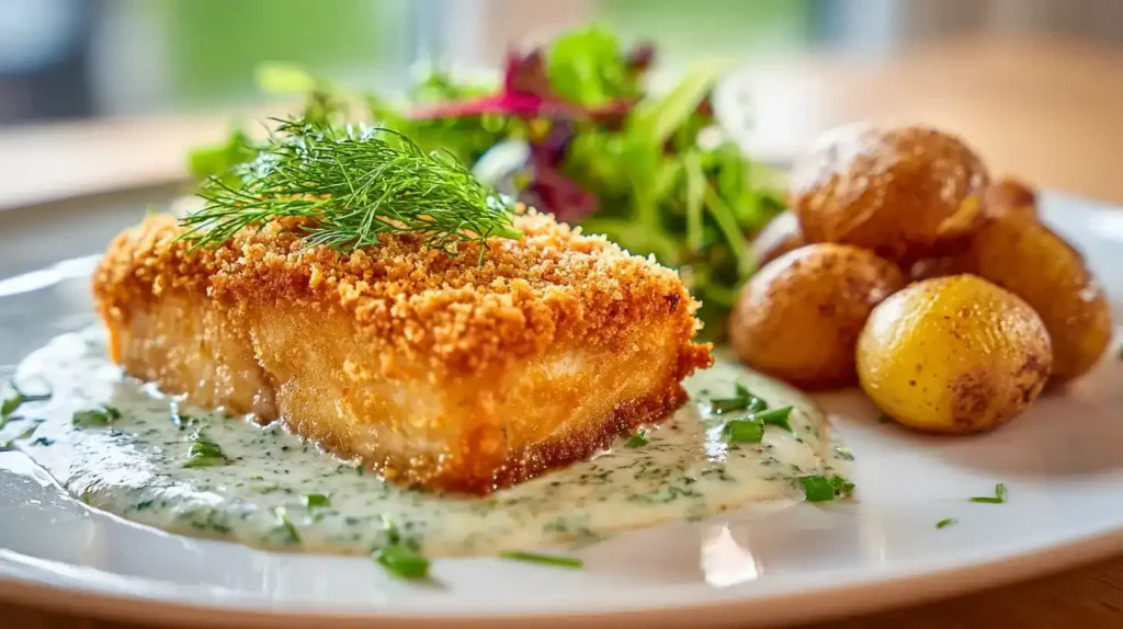 Ofen-Lachsfilet mit Sahnemeerrettich-Topping, knusprige Panko-Brösel, serviert mit Dill und Beilagen auf Teller