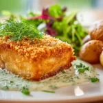 Ofen-Lachsfilet mit Sahnemeerrettich-Topping, knusprige Panko-Brösel, serviert mit Dill und Beilagen auf Teller