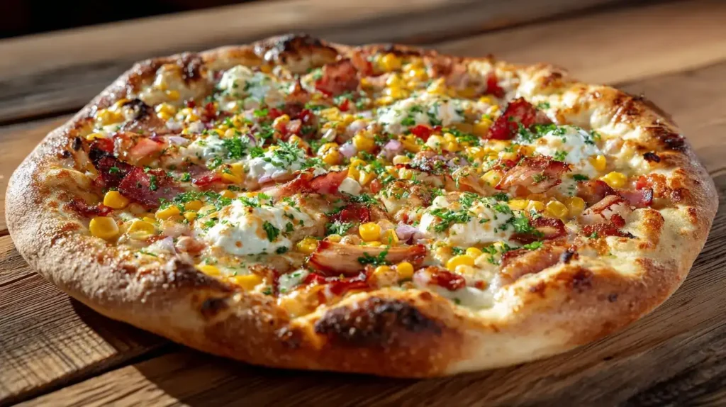 Amerikanische Pizza auf rustikalem Holztisch, knuspriger Rand, luftig-fluffiger Teig, bunte Beläge