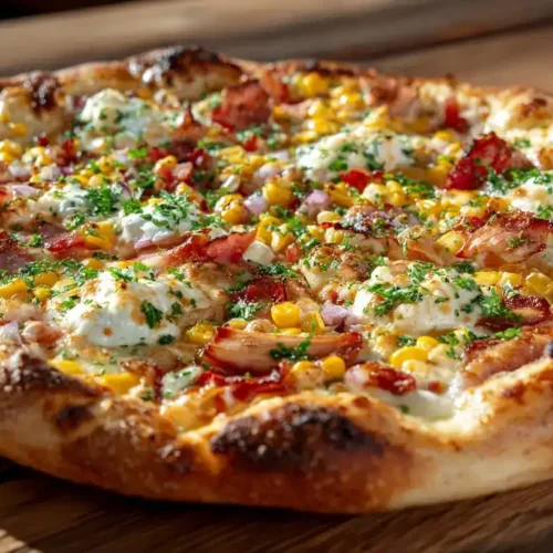 Amerikanische Pizza auf rustikalem Holztisch, knuspriger Rand, luftig-fluffiger Teig, bunte Beläge