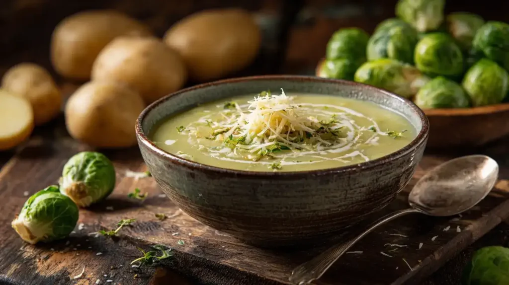 Cremige Rosenkohlsuppe mit Parmesan und frischen Rosenkohlröschen in rustikaler Schale