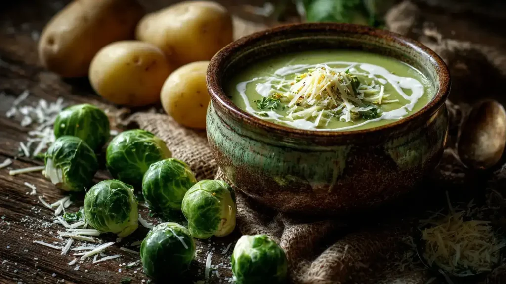 Rosenkohlsuppe im Zentrum mit frischem Rosenkohl, Kartoffeln und Zwiebeln dekorativ drumherum