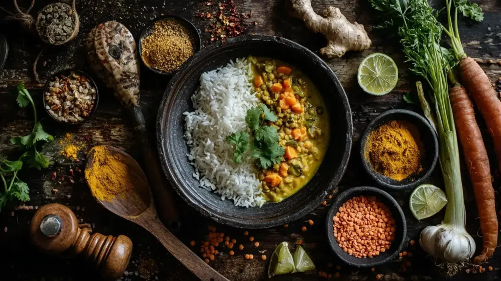 Veganes rotes Linsen Curry mit Kokosmilch und frischem Koriander garniert