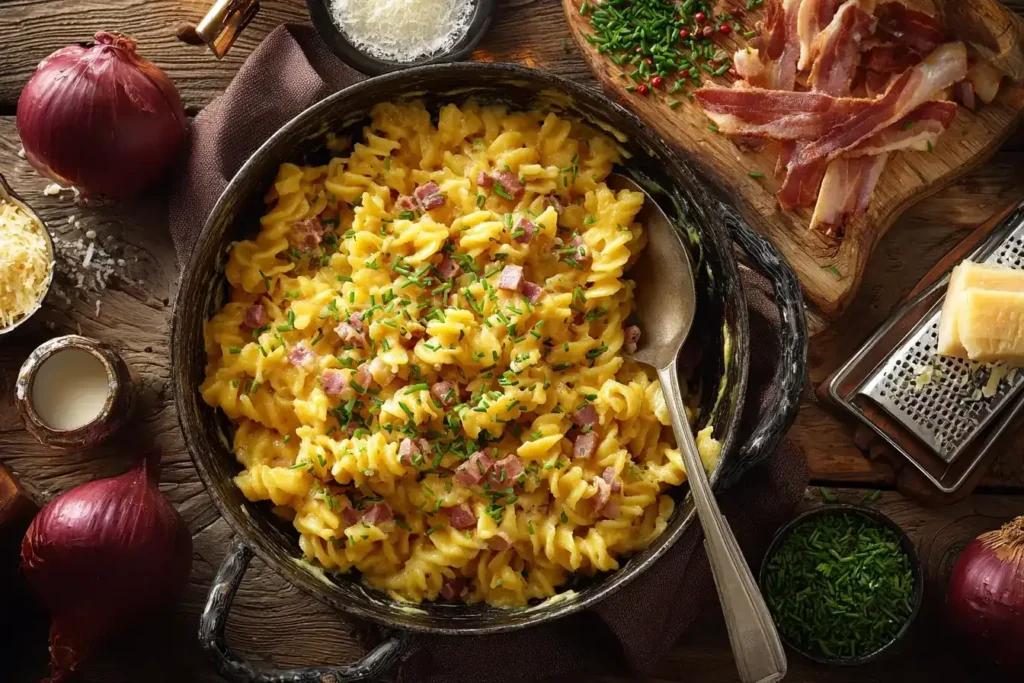 Cremige Schinkennudeln mit Käse und Schnittlauch auf weißem Teller