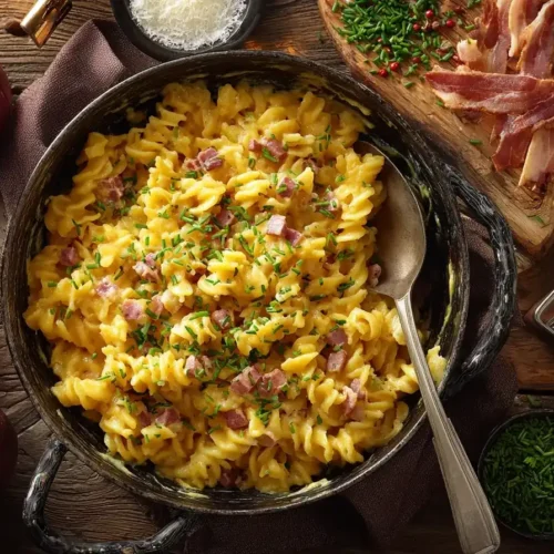 Cremige Schinkennudeln mit Käse und Schnittlauch auf weißem Teller