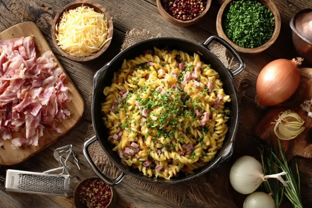 Schinkennudeln surrounded by ham, cheese, eggs, and butter on a wooden table