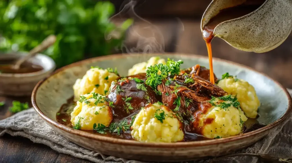 Zubereitung der schnellen Bratensoße mit Zwiebeln und Tomatenmark im Topf