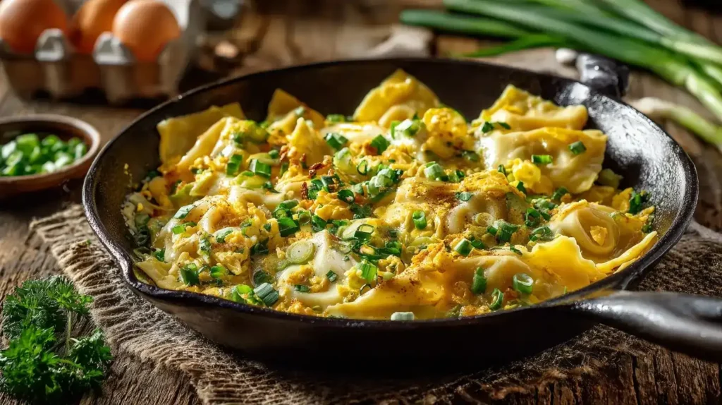 Schnelle Maultaschen-Pfanne mit Ei und Frühlingszwiebeln in der Pfanne serviert