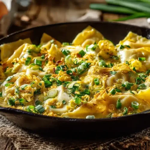 Schnelle Maultaschen-Pfanne mit Ei und Frühlingszwiebeln in der Pfanne serviert