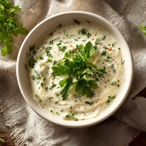 Frisch zubereitete schnelle Meerrettichsoße in weißer Schale, serviert zu Tafelspitz
