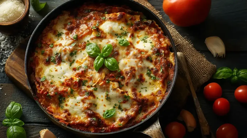 Serving of quick skillet lasagna with creamy béchamel, colorful vegetables, and melted cheese