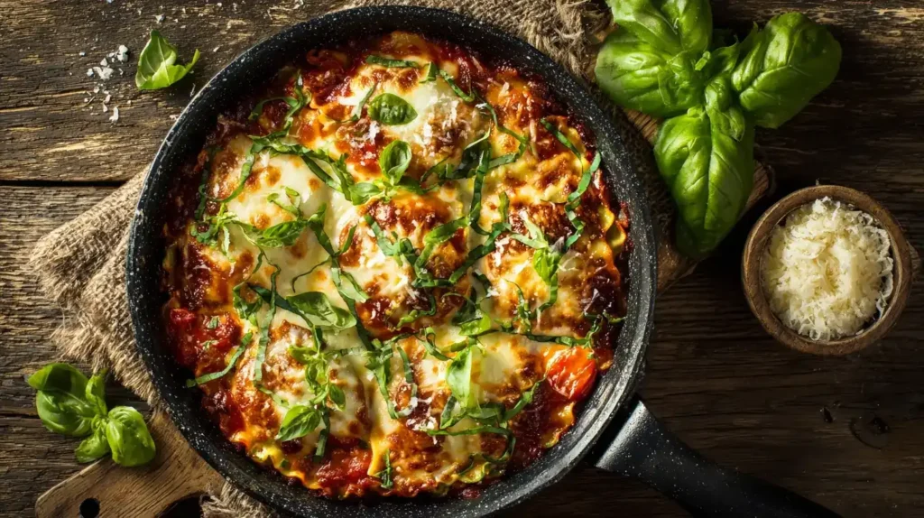 Top view of creamy Pfannen-Lasagne with melted mozzarella and fresh basil in a frying pan